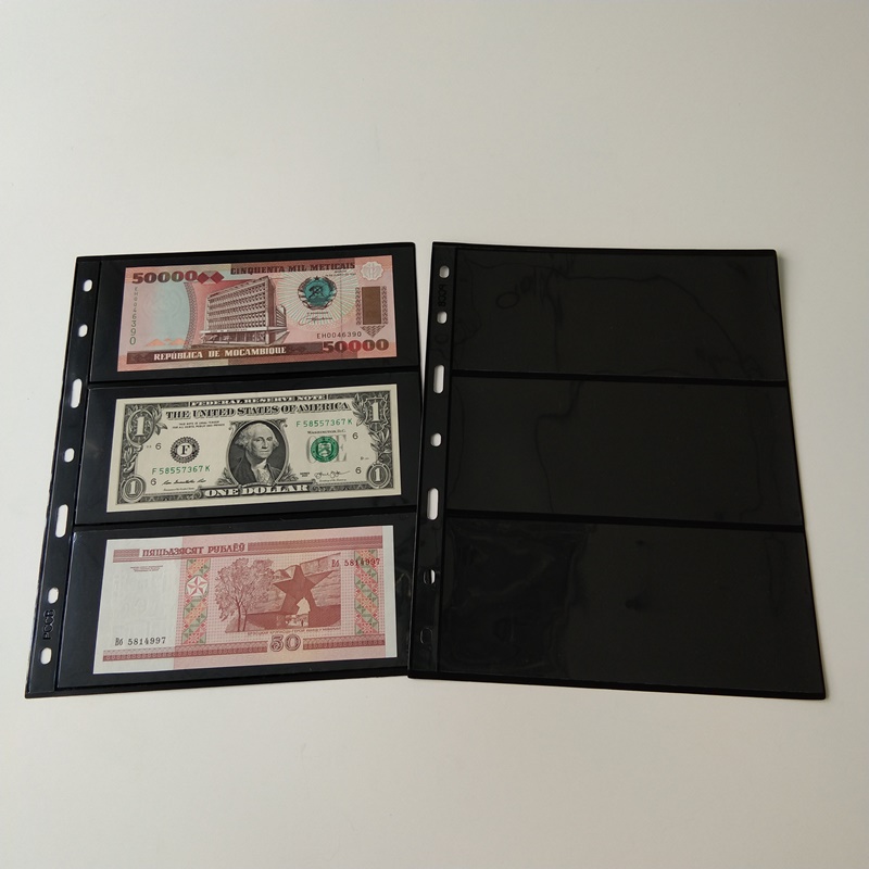 Pages de portefeuille de stockage de devises poly noir à 3 pochettes pour les effets de change